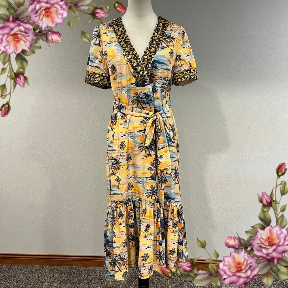 Le Superbe Tropical‎ print sequin V-Neck midi silky feel Dress size XS